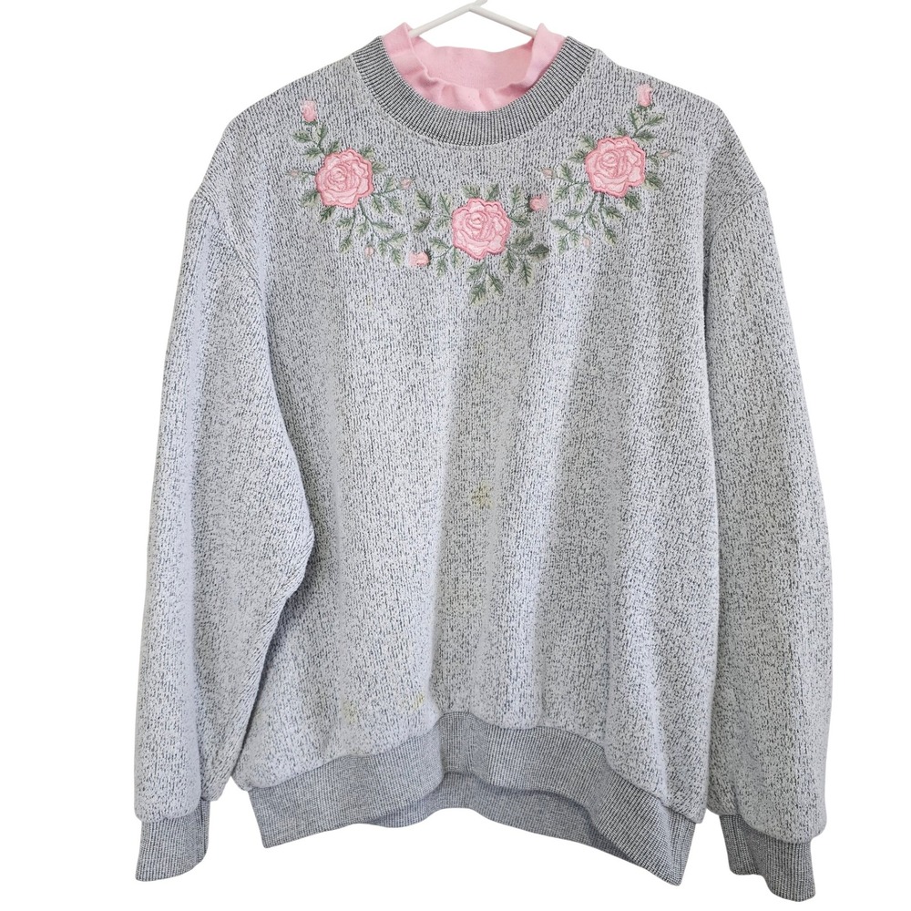 BonWorth Vintage Floral Embroidered Sweatshirt Grey Pink Rose Mock Neck L Petite